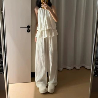 新款休闲风高级感两件套女生阔腿长裤套装流行时尚浅杏色批发跨境