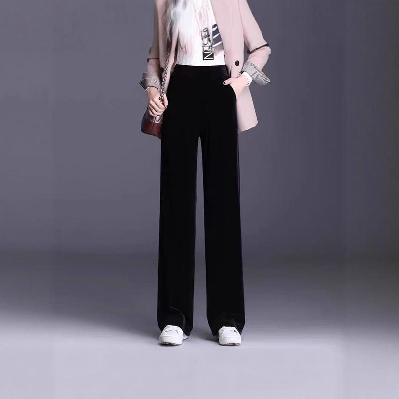Velvet Wide-Leg Pants for Women, Slim Fit, High-Waisted, 2025 Autumn and Winter New Style, Fleece-Lined Black Pants, Casual Straight-Leg Pants Velvet Wide-Leg Pants for Women, Slim Fit, High-Waisted, 2025 Autumn and Winter New Style, Fleece-Lined Black Pants, Casual Straight-Leg Pants