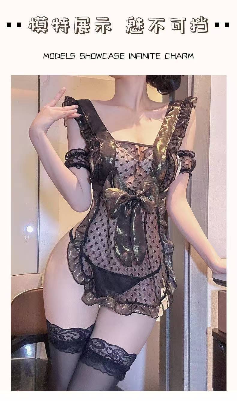 Maid Lingerie Costume Set with Lace Bow Detail and Pink Stockings — detail image 9