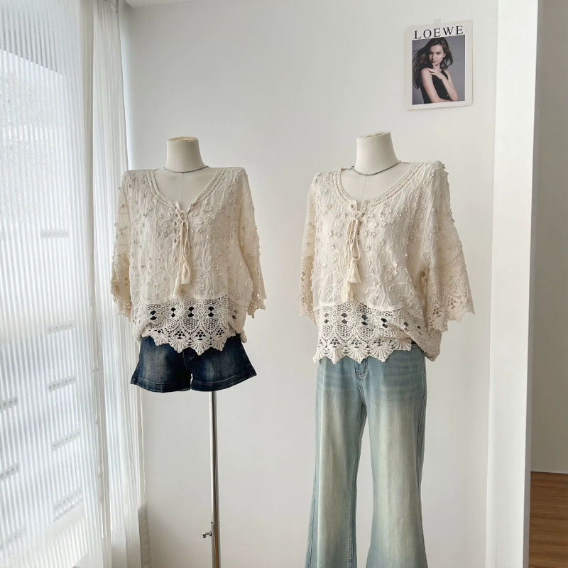 2026 New Summer Style Bohemian Style Embroidered Lace Top V Neck Lace-Up Tassel Holiday Style Blouse for Women 2026 New Summer Style Bohemian Style Embroidered Lace Top V Neck Lace-Up Tassel Holiday Style Blouse for Women