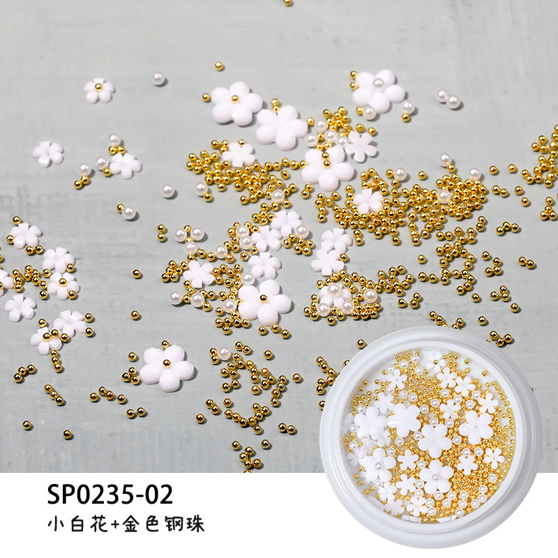 Decoraciones de uñas de moda, pequeñas flores blancas de diferentes tamaños, flores blancas tridimensionales de cinco pétalos, pequeñas cuentas de acero, diamantes de imitación de resina para uñas