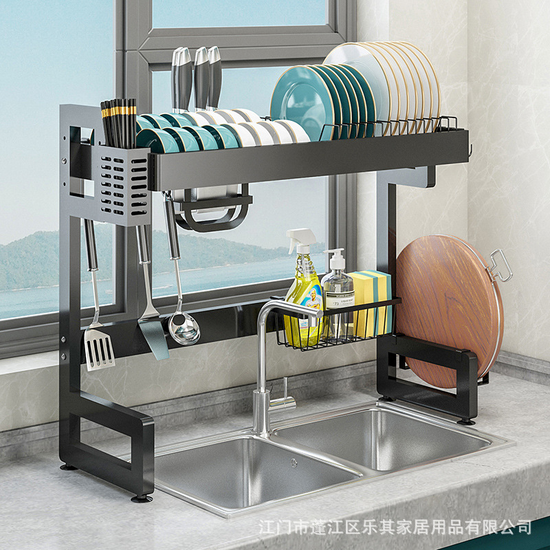 Fregadero de la cocina estante de drenaje estante de almacenamiento estante para platos encimera vajilla de múltiples capas estante de almacenamiento cesta de drenaje para lavar platos negro