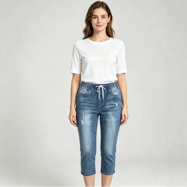 Cross-border elastic waist drawstring high-stretch women's ripped washed distressed slim-fit cropped jeans for European and American women