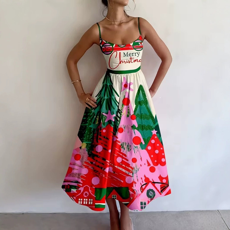 European and American Christmas tree print camisole midi dress, waist-cinching, full skirt, holiday party women's printed long dress European and American Christmas tree print camisole midi dress, waist-cinching, full skirt, holiday party women's printed long dress