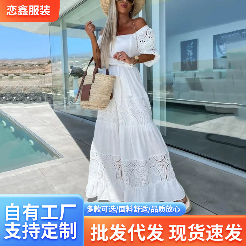 Cross-Border 2024 European and American Sales New Lace Splicing Dress Ins Casual Loose Waist Tie Dress for Women