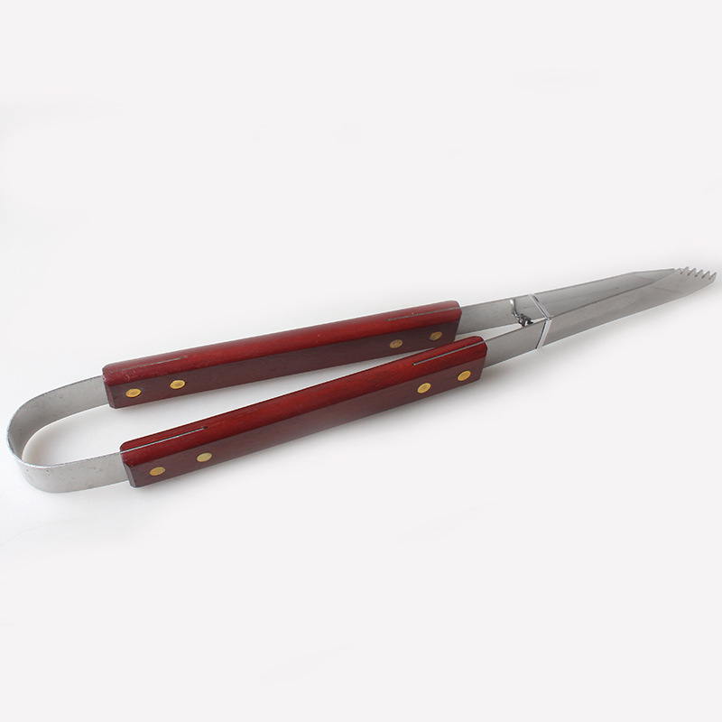 BARBACOA de acero inoxidable mango de madera de cuatro piezas herramienta de barbacoa tenedor pala bolsa de tela traje de barbacoa fuente de fábrica