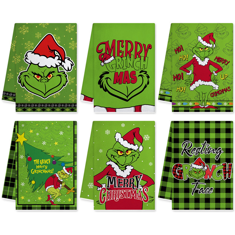 Cross-border Grinch Christmas cartoon print dish towel, microfiber kitchen towel, can be attached