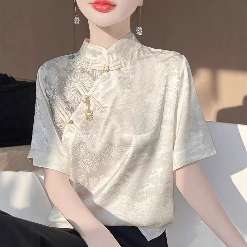 National Style Stand-Up Collar Buttoned Short-Sleeve Top, Retro Light Luxury Plus-Size New Chinese-Style Shirt T-Shirt with a High-End Feel, Women's Printed Ins Style