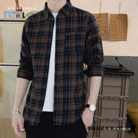 山力达迪Bess&Mia秋季新款格子衬衫男士春秋款休闲长袖衬衣韩版宽