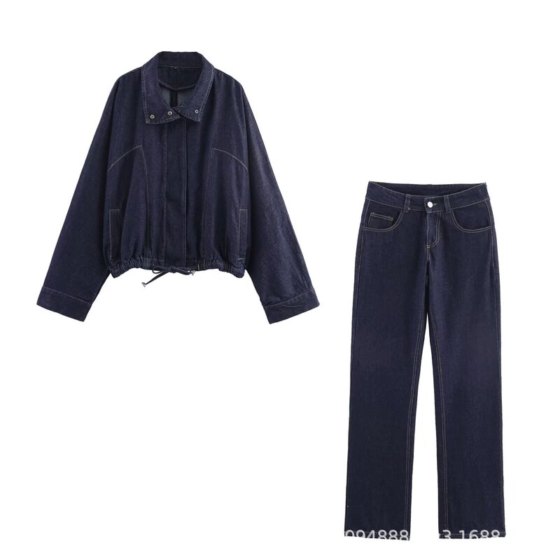 Cross-Border Export Women's Autumn Fashion European and American Style Bat Sleeve Denim Jacket + Low-Waist Jeans Suit