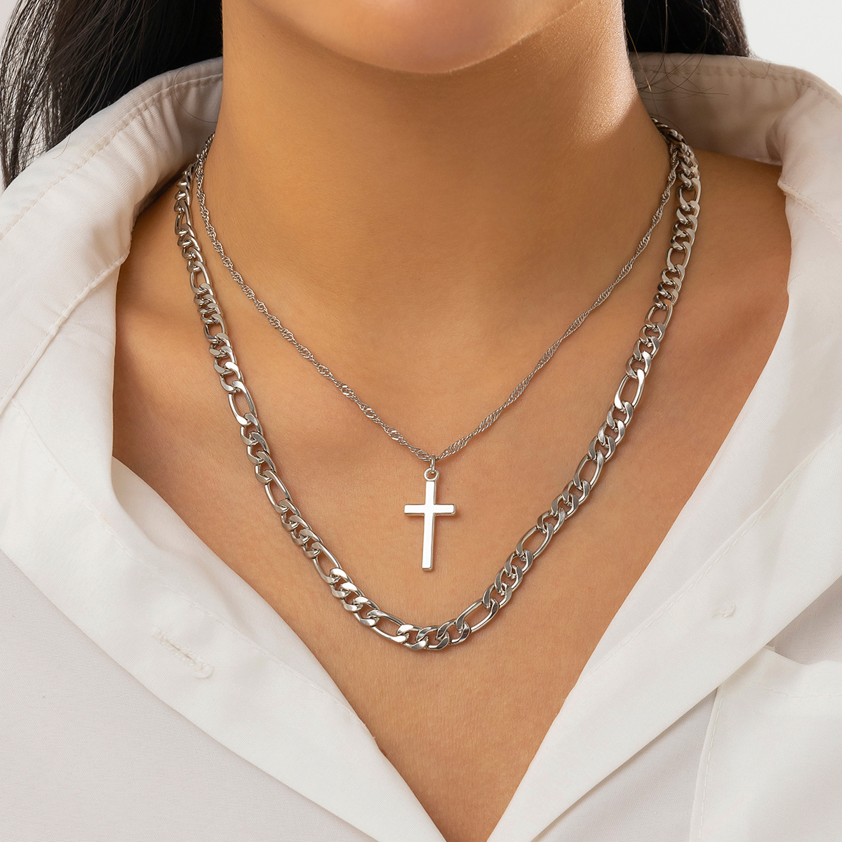 Schmuck Bohemian Blau Dämon Auge Mit Französisch Minimalistischen Kreuz Halskette_voghion.com