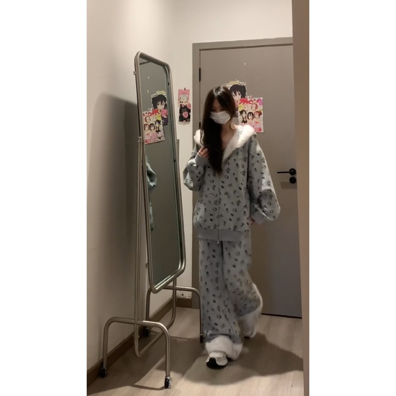 韩系Kitty毛绒兔耳朵连帽睡衣女秋冬季休闲卫衣可外穿家居服套装|undefined