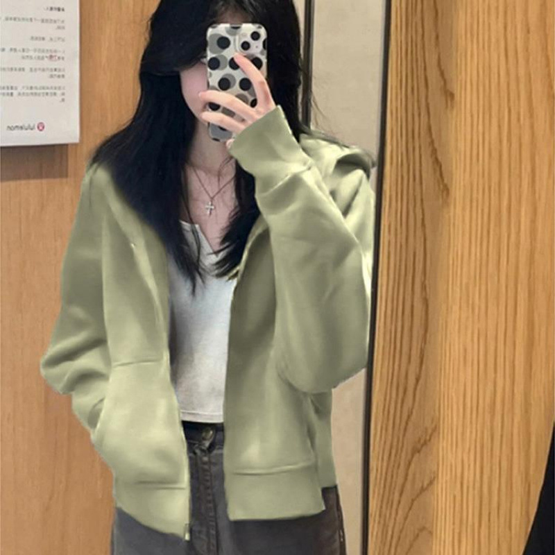 短款修身连帽卫衣外套女新款春秋季正肩显瘦美式薄开衫小个子上衣