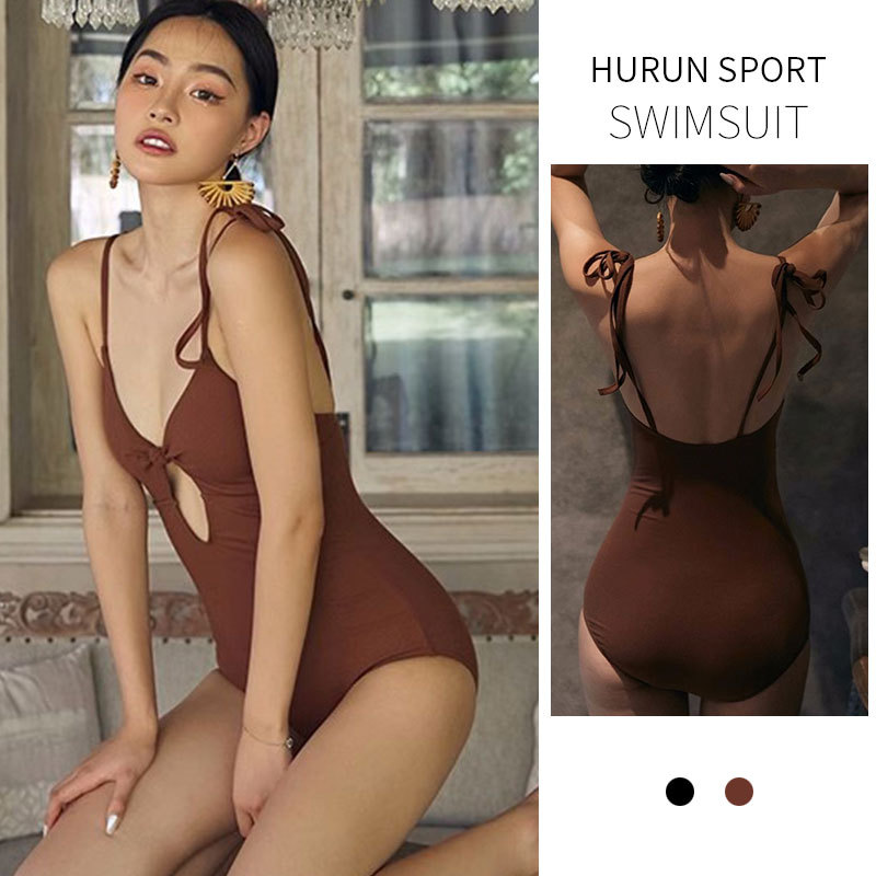 Traje de baño de una sola pieza de primavera caliente de una pieza de la muchacha de la correa v profunda sexy marrón retro coreano