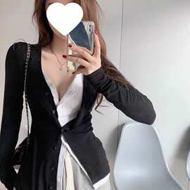 黑色纯欲风领性感打底衫女春秋款修身长袖恤两件套正肩低领上衣