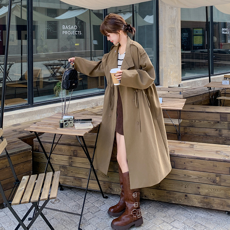 实拍英伦风气质薄款中长款风衣外套2025秋款经典抽绳显高显瘦风衣