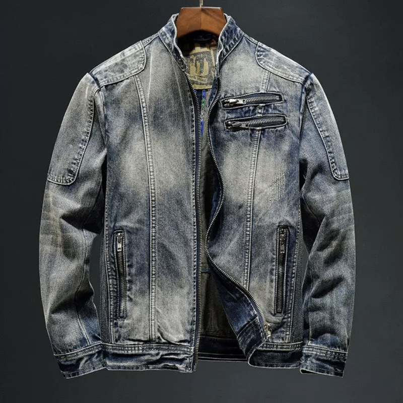 Men's Denim Jacket Trendy Brand New European and American Retro Stand Collar Zipper Motorcycle Jacket Stylish Casual Denim Clothing for Men Men's Denim Jacket Trendy Brand New European and American Retro Stand Collar Zipper Motorcycle Jacket Stylish Casual Denim Clothing for Men
