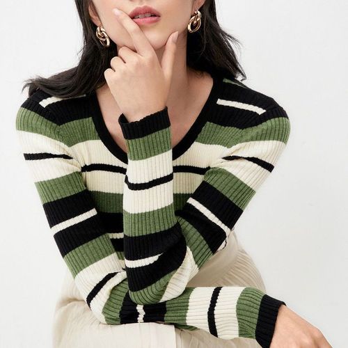 Cross-border foreign trade hot-selling knitted autumn and winter bottoming shirt green color striped pullover slim long-sleeved sweater for women