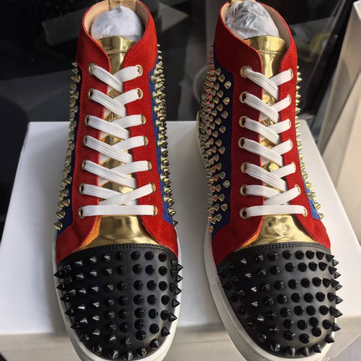 Personalised Studded High-top Sneakers In Red And Blue Leather_voghion.com