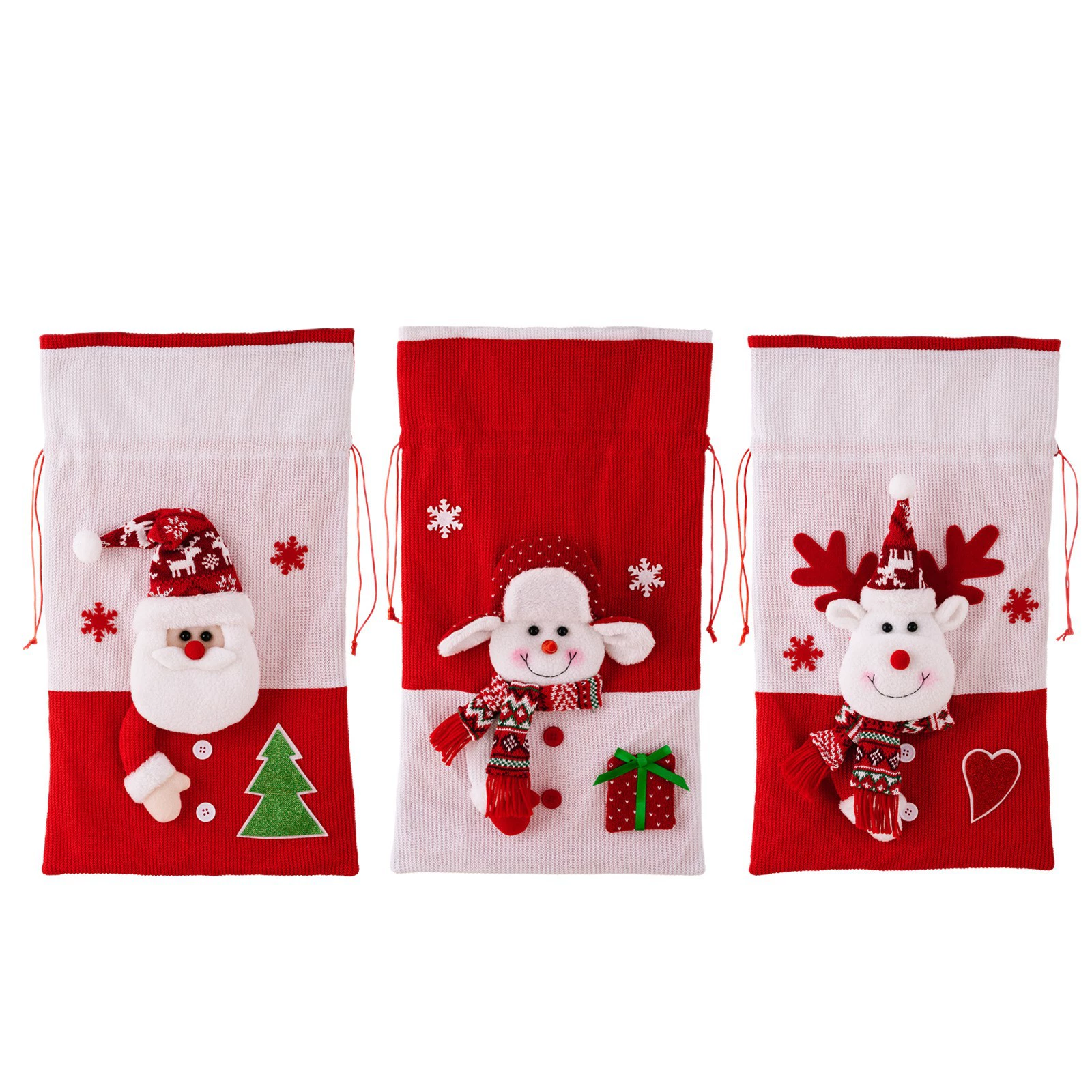 knitted Christmas gift bags — подарочные новогодние сумки с аппликацией Санта-Клауса/снеговика/оленя, с завязками, многоразовые