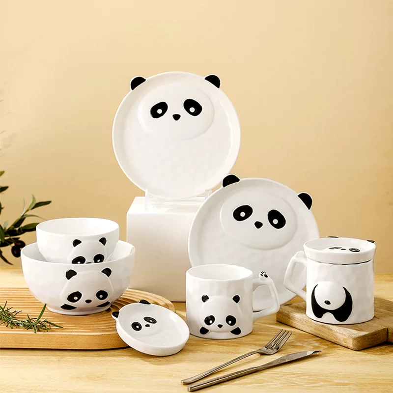 Cartoon ceramic tableware set, panda design, dinner plates and bowls for home