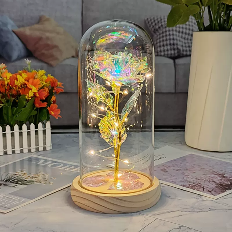 跨境加工金箔玫瑰花摆件 发光玻璃罩工艺品情人节礼物源头厂家