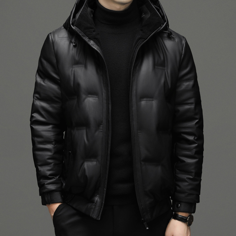 Haining Genuine Leather down Jacket Men's Hooded Winter Goatskin Leather Jacket Middle-Aged Jacket Plus Fat Plus Size Motorcycle Style