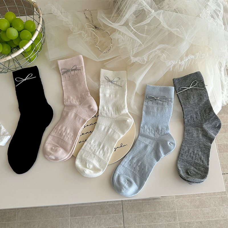 Summer cute thin knee socks with bow, mid-length