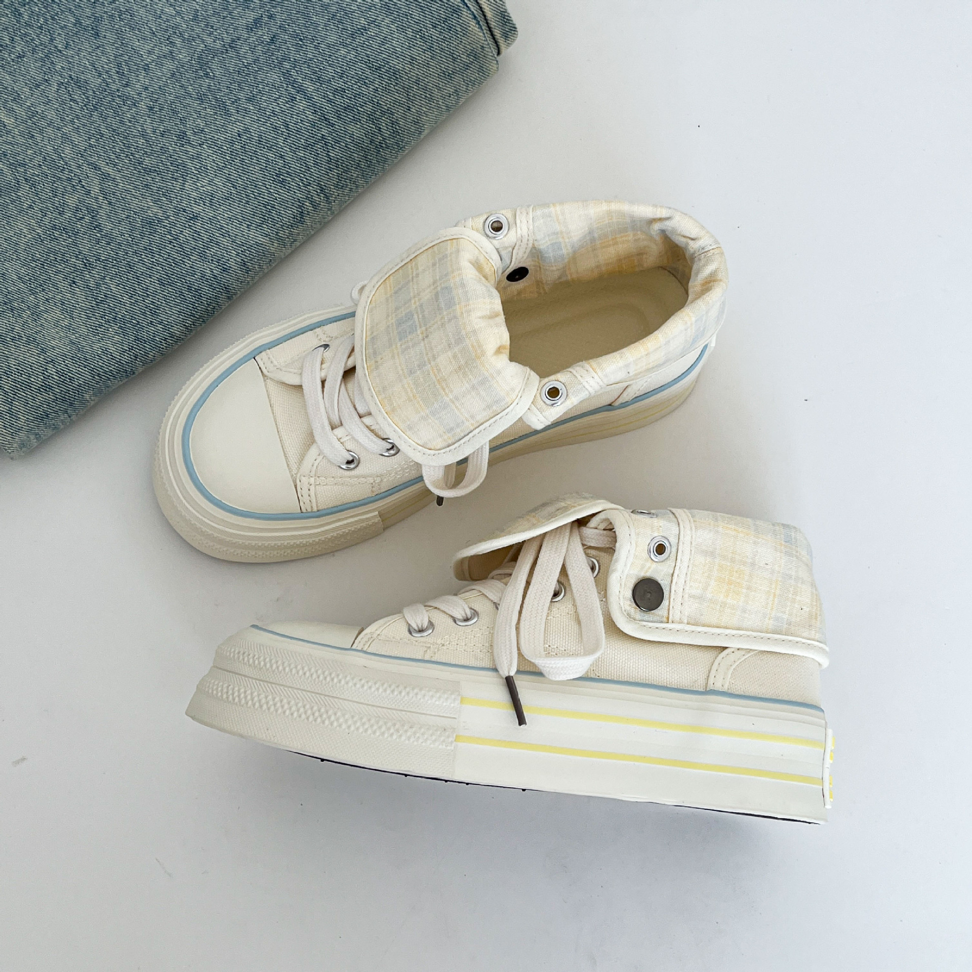 两穿高帮增高帆布鞋女2025秋新款复古白色增高小众休闲鞋远波6163