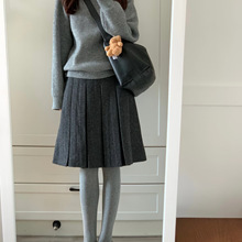 学院风深灰色毛呢百褶半身裙女2025秋冬新款高腰显瘦A字百褶裙子