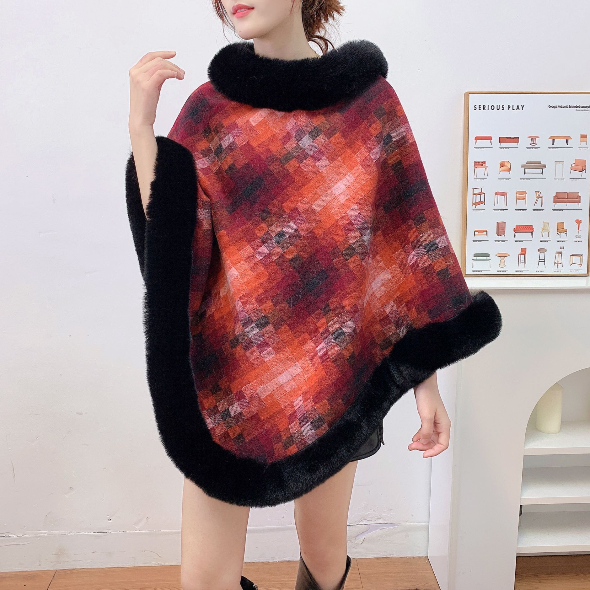 Capa tipo chal de otoño e invierno 2026, nueva bufanda de piel sintética de conejo, abrigo de punto para mujer, prenda exterior holgada y versátil. image 18