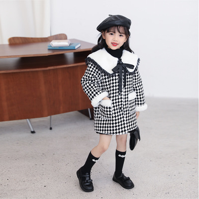 女童外套海軍領風衣冬裝女寶寶小兔毛格子大衣韓版中小童風衣外套