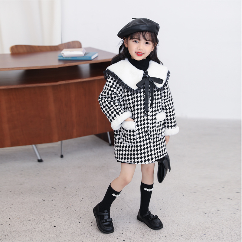 女童外套海軍領風衣冬裝女寶寶小兔毛格子大衣韓版中小童風衣外套