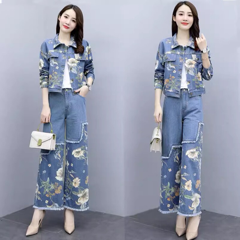 Spring and Autumn Casual Professional Fashion Suit 2024 New Women's Fashionable Slim Denim Wide Leg Pants Two-Piece Set