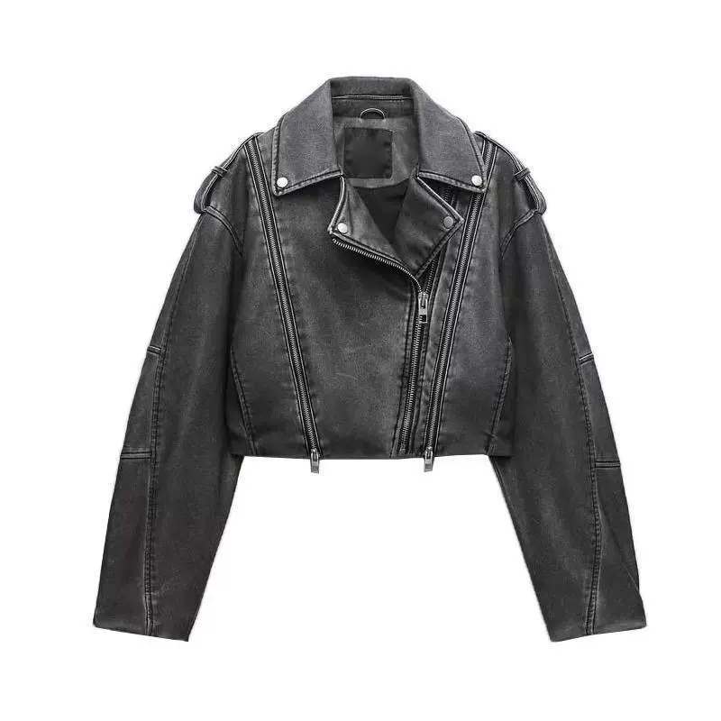 TAOP & ZA осень новая женская ретро дизайнерская куртка в старом эффекте imitation leather мотоциклетная куртка 4