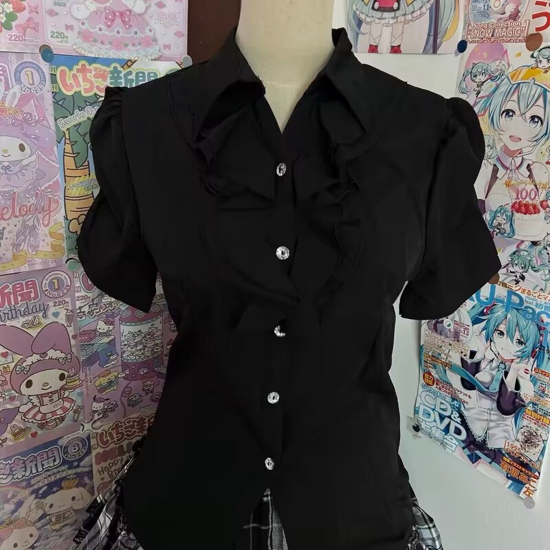 Japanese-Style Versatile Gothic Punk Cos Subculture Plus-Size Black and White Short-Sleeve Elegant Lace Shirt