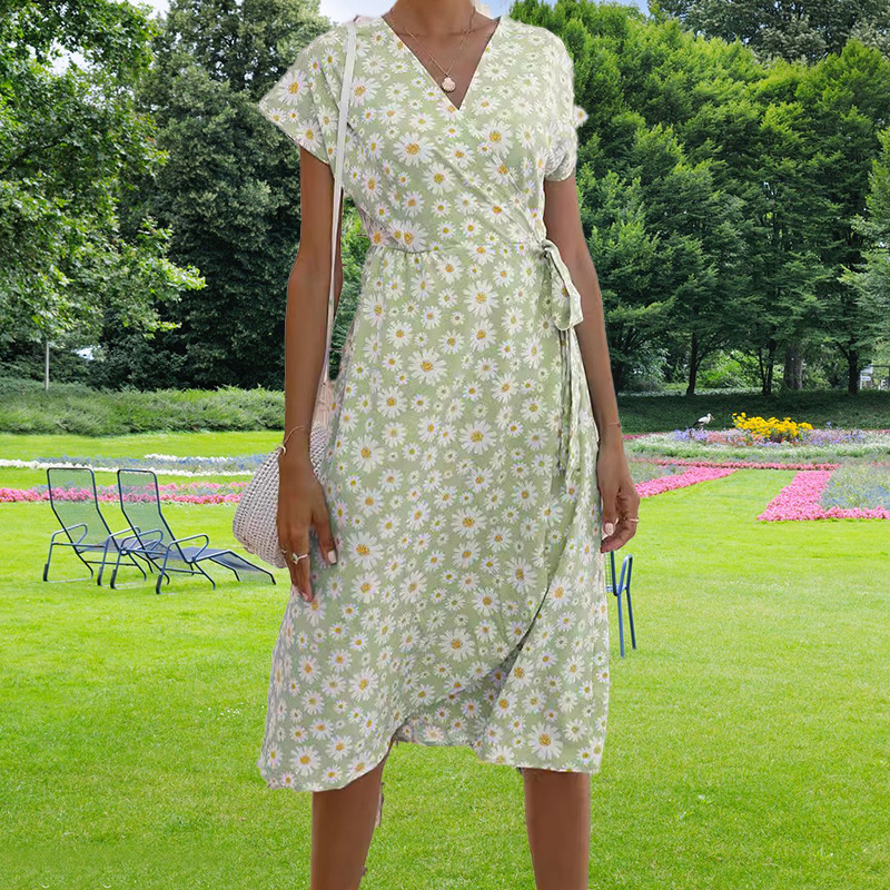 Women Stylish Long Dress Waist‑Cinch Design With All‑Over Print, Tie‑Waist & High Slit_ecoleips.com