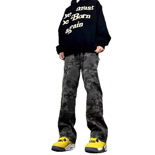 Army Green Camouflage Jeans for Men - Autumn/Winter Logging Worker Pants - American Street Style Straight Leg Casual Long Pants