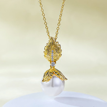 慕景珠宝新款S925银镀金法式浪漫黄金叶12mm珍珠吊坠新中古项链女