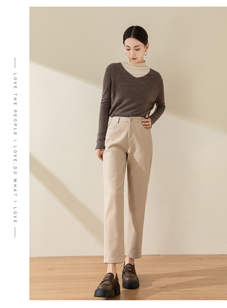 Quần jean nữ ống rộng cạp cao dáng suông, ống thẳng, co giãn nhẹ, dày dặn mùa đông — Màu be chi tiết 20