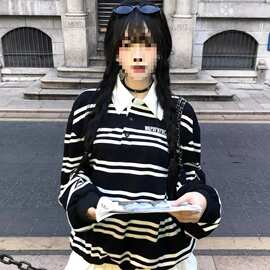 【广州面料】螺纹领口 +后包边 polo领撞色拼接长袖T恤女图片色