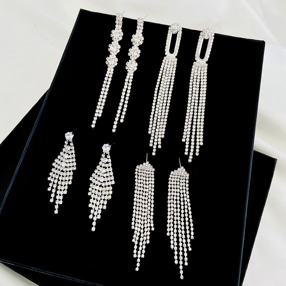 Exaggerated Tassel Rhinestone Drop Earrings For Women Elegant Style_voghion.com