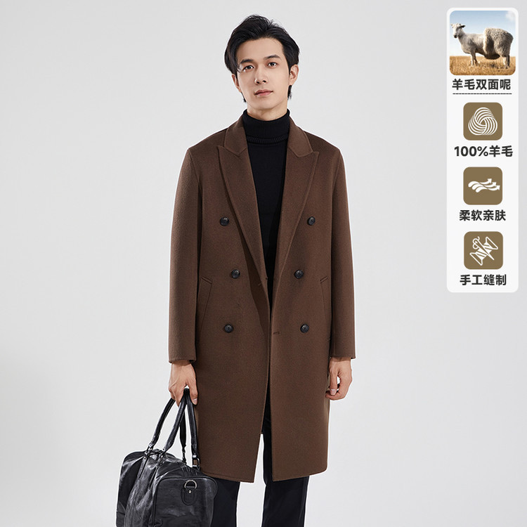 100% pure wool double-faced wool coat, men's mid-length double-breasted high-end autumn and winter cashmere-free wool trench coat.