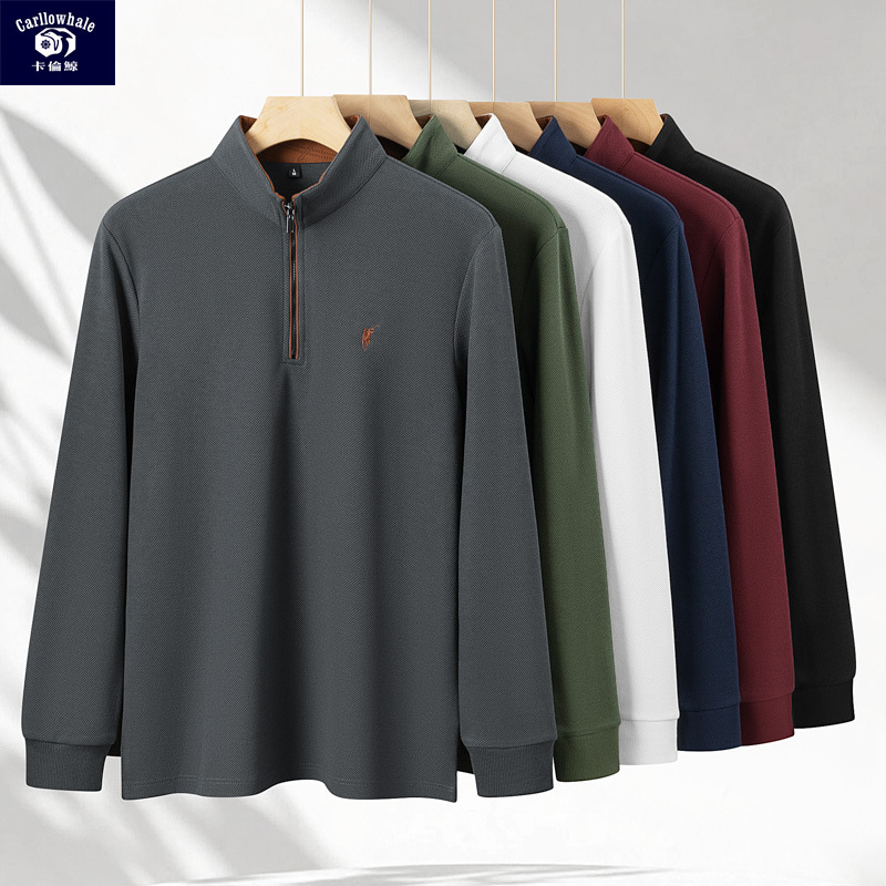 Kalen Whale 2025 Autumn and Winter Long-Sleeved Stand-Up Collar Zipper Men's Polo Pineapple Plaid Double-Sided Pique Pony Embroidered Men's T-Shirt