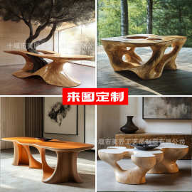 玻璃钢茶几复古彩绘仿石边几仿木纹色小茶桌创意异形茶几圆几角几