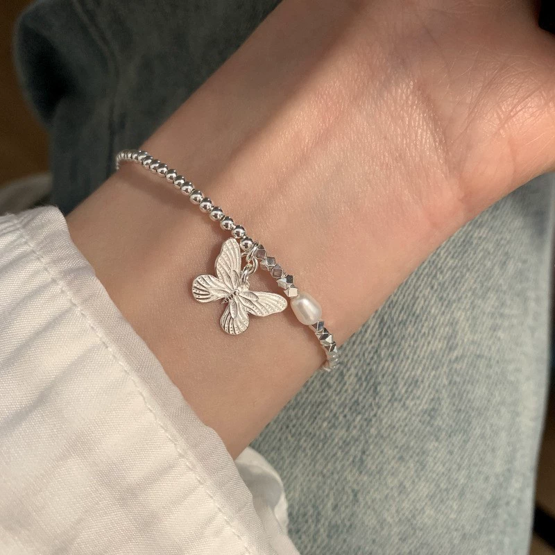 Silver 925 Pearl Bracelet, Minimal Beaded Design, Adjustable 12 cm