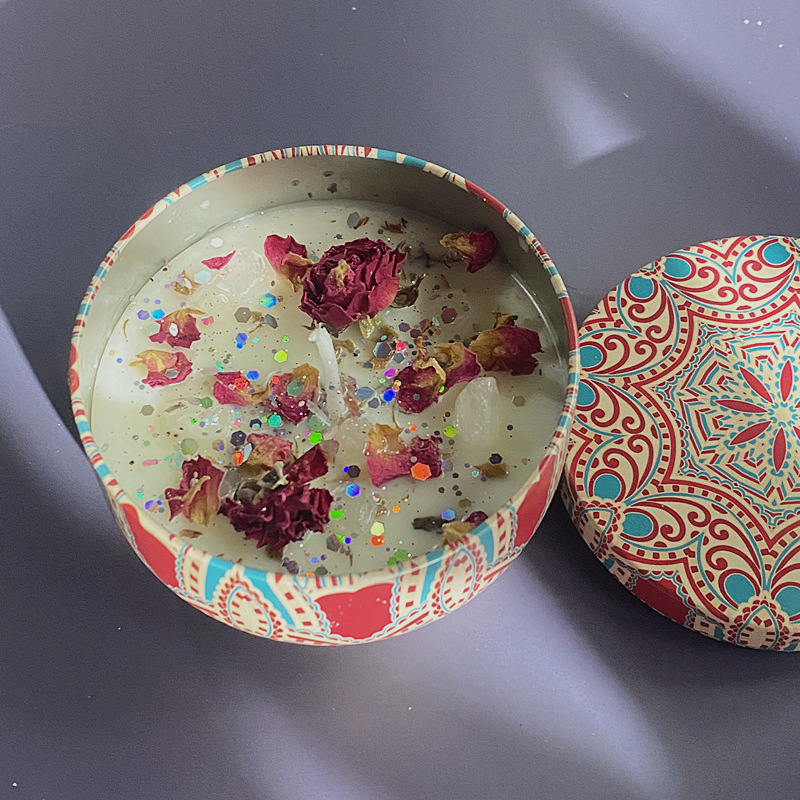 Caja de hojalata vela boda fragancia hecha a mano pequeña vela cumpleaños flor seca cera de soja con regalo de mano aromaterapia vela