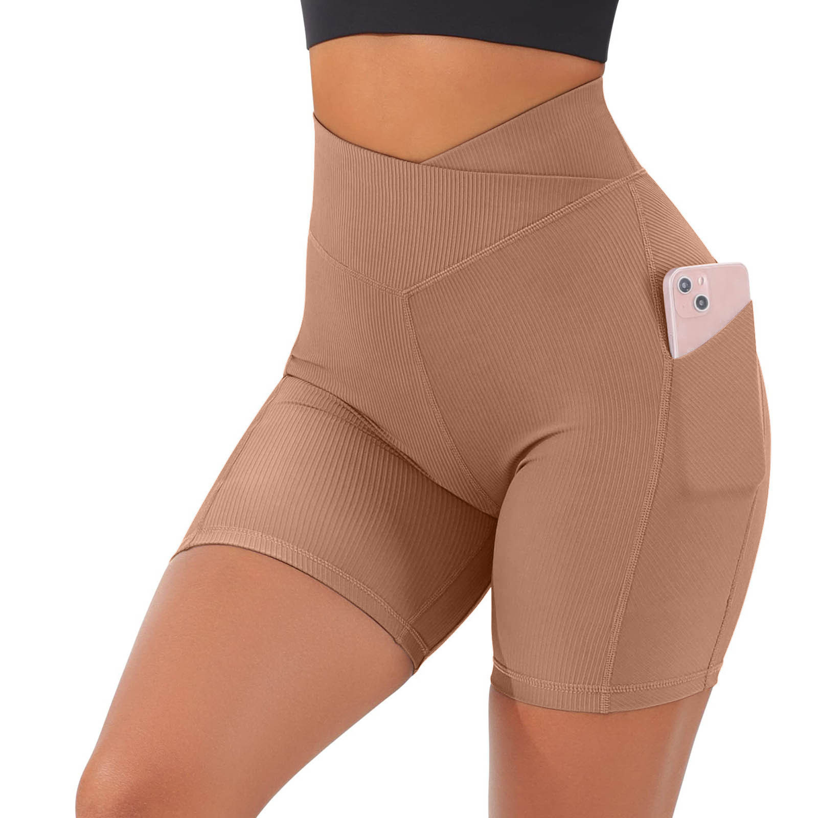 Nuevos productos personalizados para mujer hilo deportivo corto con bolsillo cintura cruzada pantalones deportivos de cinco puntos pantalones deportivos de yoga ajustados