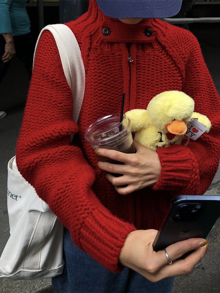 現物八乳重ポンド粗針セーターコート女性韓系立襟厚いニットカーディガンthe barnn * t