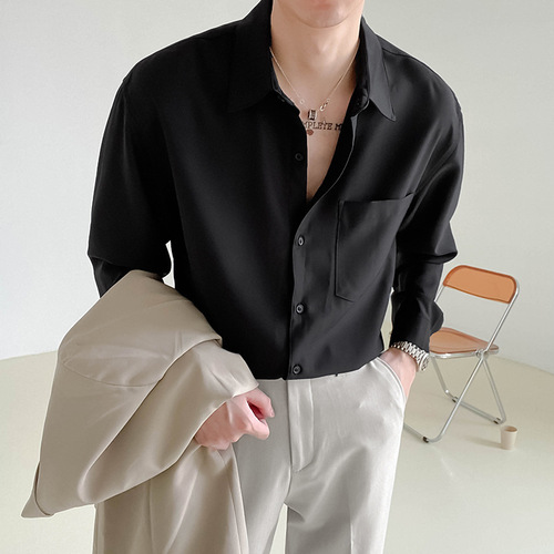 Spring and Autumn Design Sensibility Top Korean Style Loose High-End Long-Sleeve Shirt for Men, Flowing Sensation, Wrinkle-Resistant Solid Color Shirt